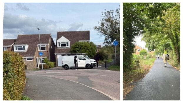 Image shows Manor Road, Saltford, by 'Manor Road lane' with a van parked in front of the bollards. It also shows a horse rider using the lane.