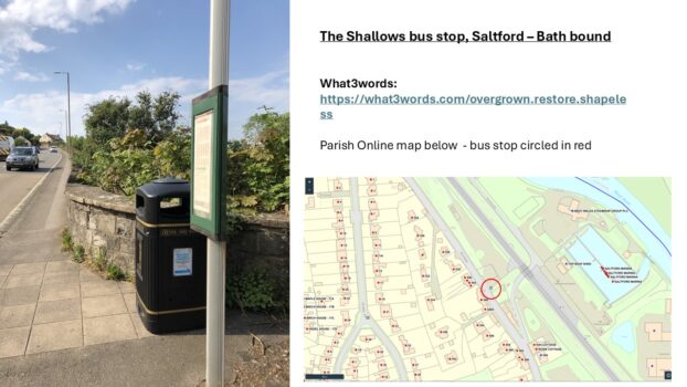 Image shows bus stop without bus shelter on A4 Bath Rd alongside map location information