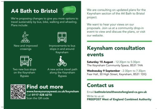A4 Bath to Bristol postcard created by WECA detailing information including the consultation website and Keynsham consultation events.