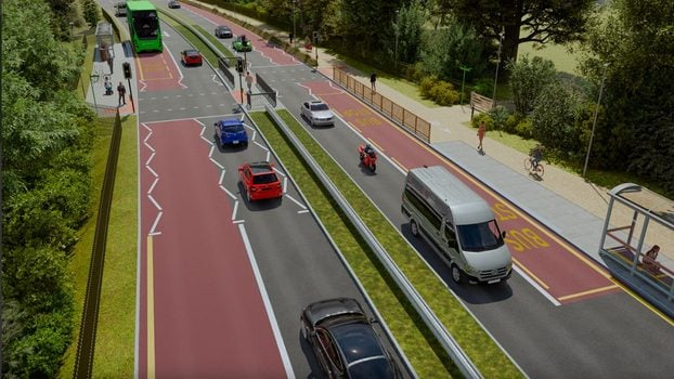 WECA image of proposed A4 Keynsham Bypass bus stops and bus lanes, taken from the Have Your Say A4 Bath to Bristol Keynsham Section page linked at the top of the article.