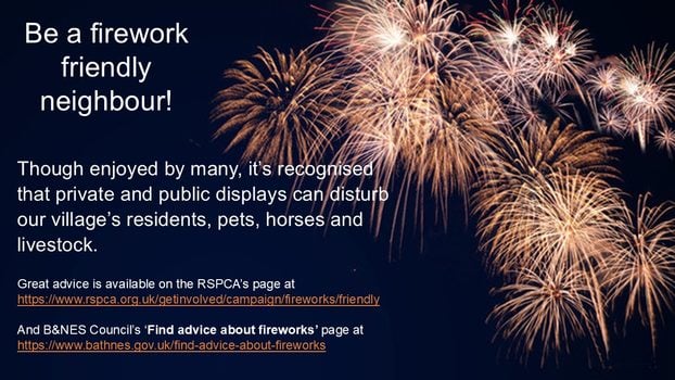 Image shows fireworks in Saltford and a message saying 'be a firework friendly neighbour!'