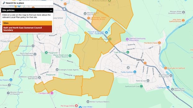 Map of Saltford with allocations show, as taken from B&NES Council's Draft Local Plan consultation interactive map
