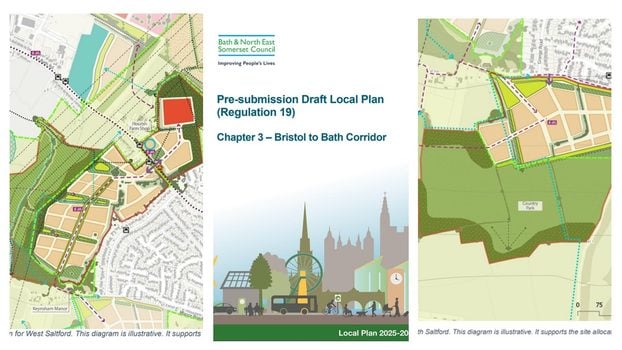 Images taken from information on the B&NES Council Draft Local Plan consultation page, showing the West Saltford allocation (left), South Saltford allocation (right) and Chapter 3 front page of the section that includes Saltford.